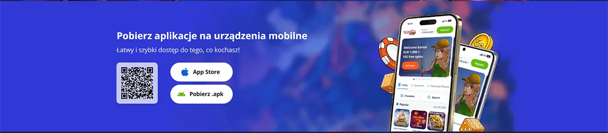 Wide Polish banner promoting the mobile casino app download, featuring a QR code, App Store and “Pobierz .apk” buttons, and two smartphone mockups showing the app interface with coins and dice accents.