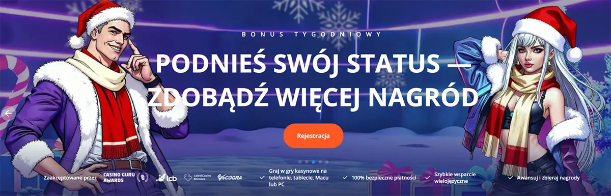 Polish winter-themed casino banner advertising a weekly bonus, featuring two characters in Santa hats, the headline “Podnieś swój status — zdobądź więcej nagród,” and a central “Rejestracja” button.