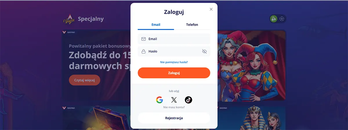 Polish “Zaloguj” login pop-up with email/phone tabs, email and password fields, orange sign-in button, and Google/X/TikTok login options over a blurred casino promotions screen.